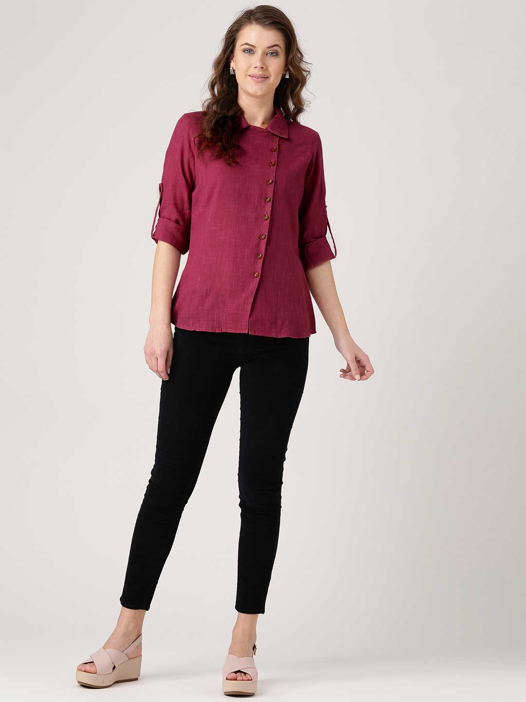 Pink Solid Front Placket Cotton Slub Shirt