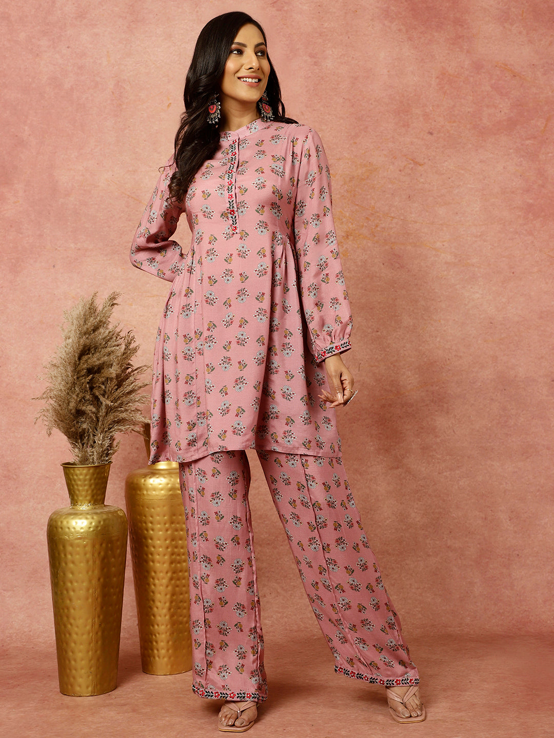 Rose Ethnic Printed Gathered Kurta With Palazzo Co-ord Set