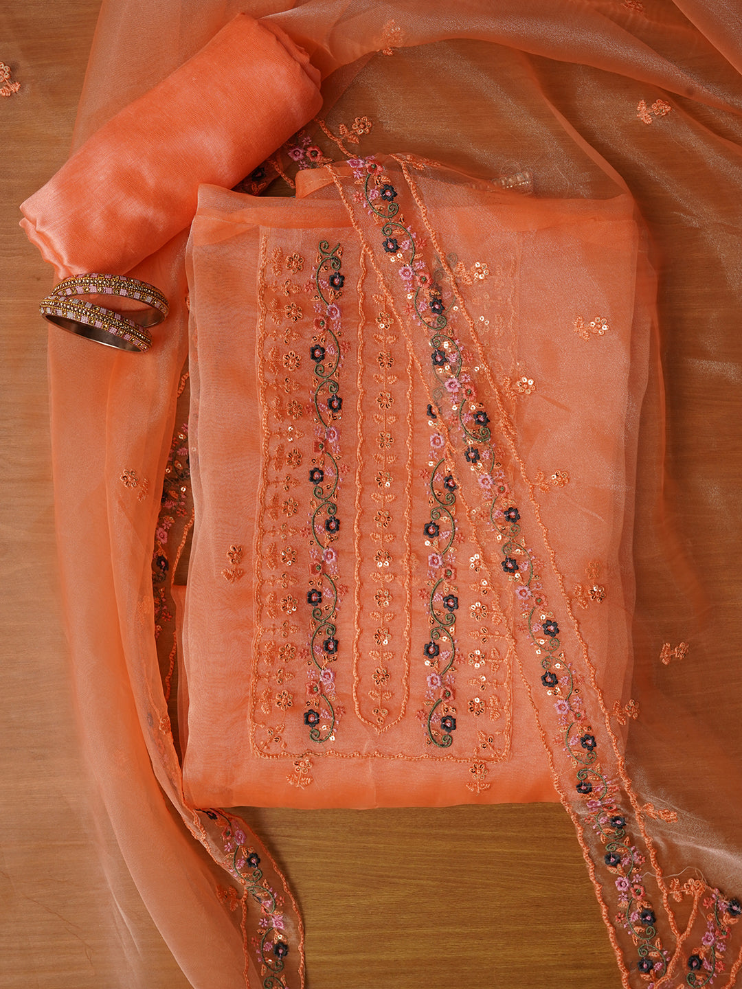 Unstitched Embroidered Orange Organza Dress Material With Dupatta