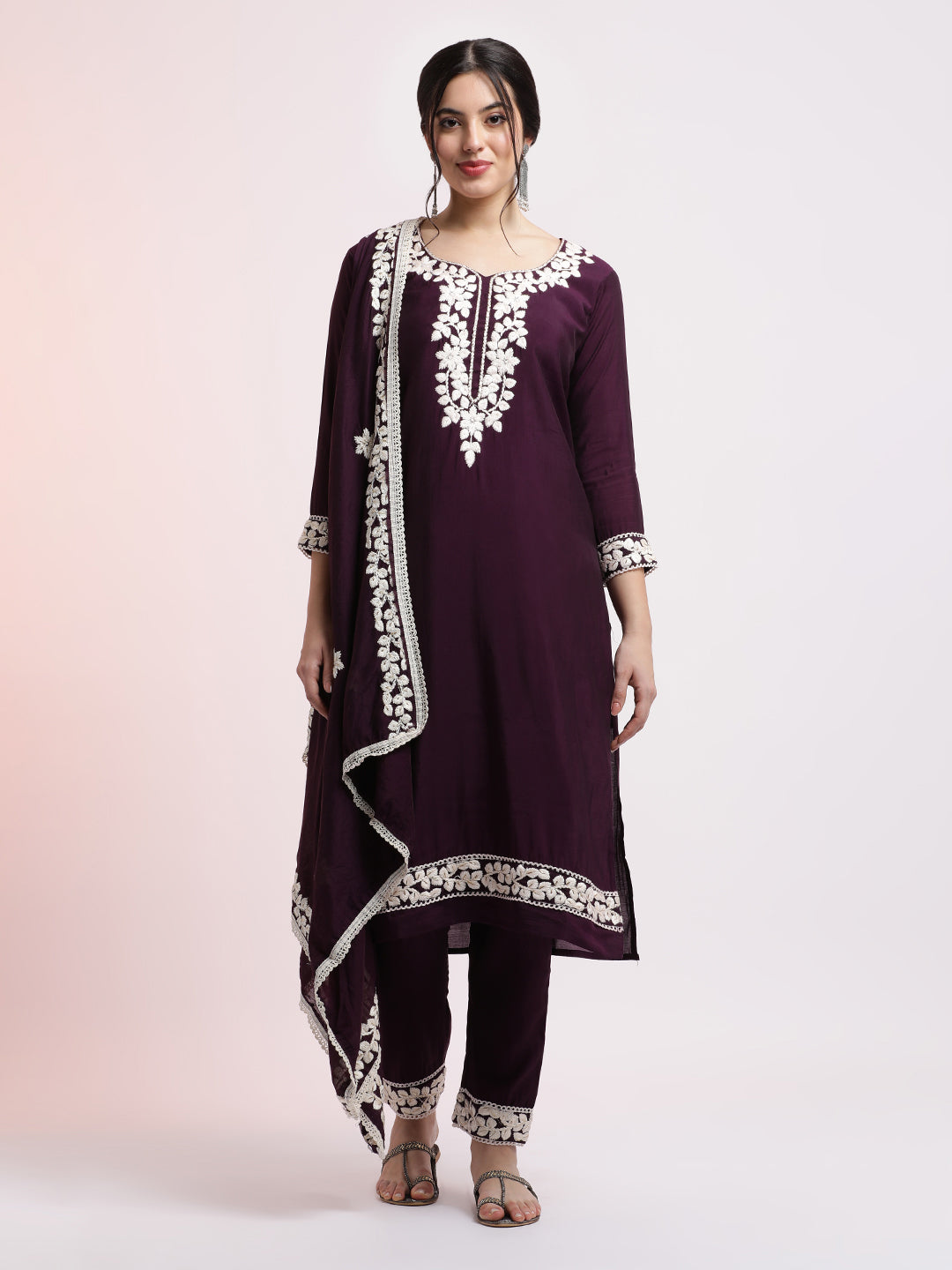 Purple Floral Embroidered Festive Kurta Set With Dupatta