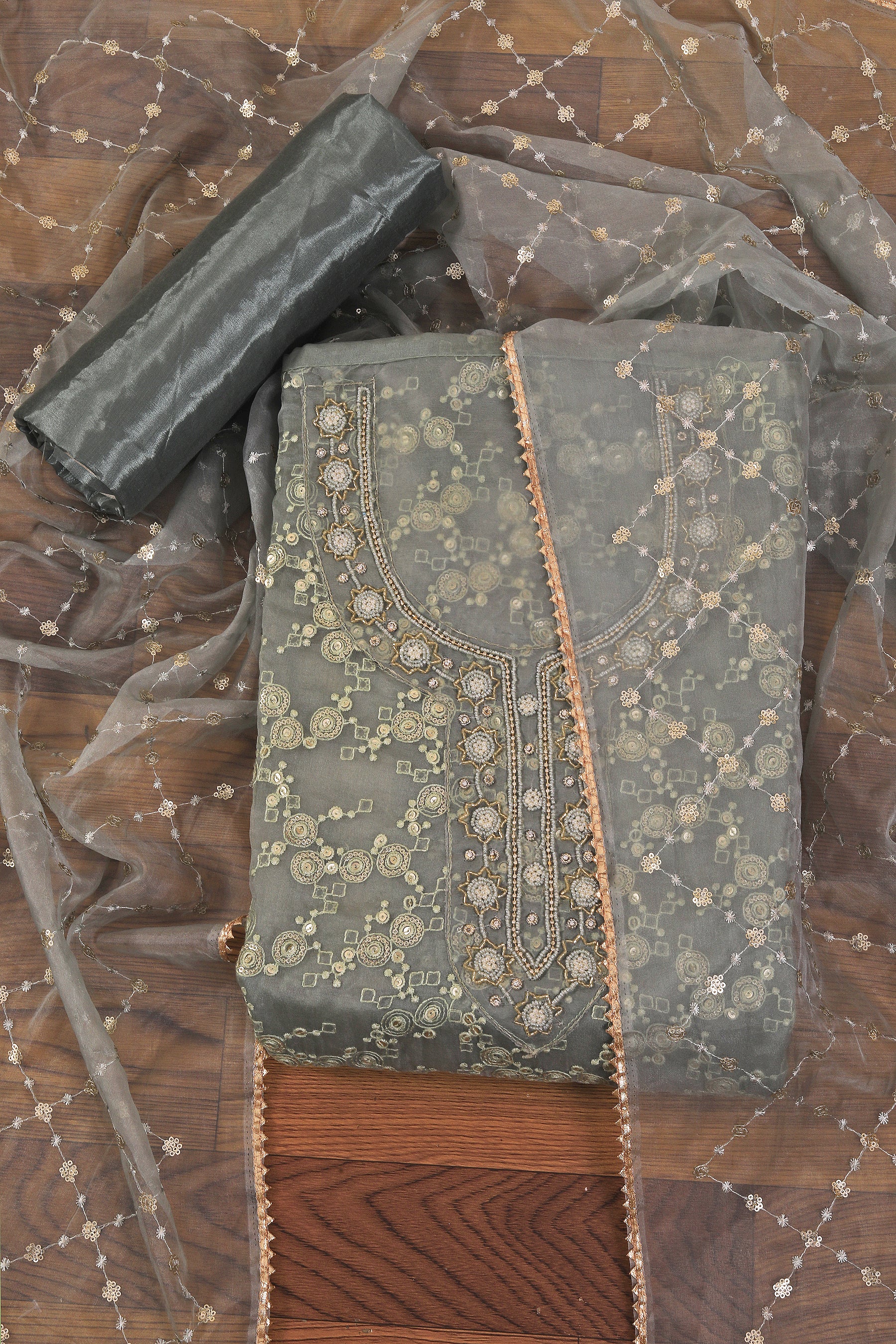 Green Embellished Ethnic Motif Printed Organza Dress Material With Dupatta