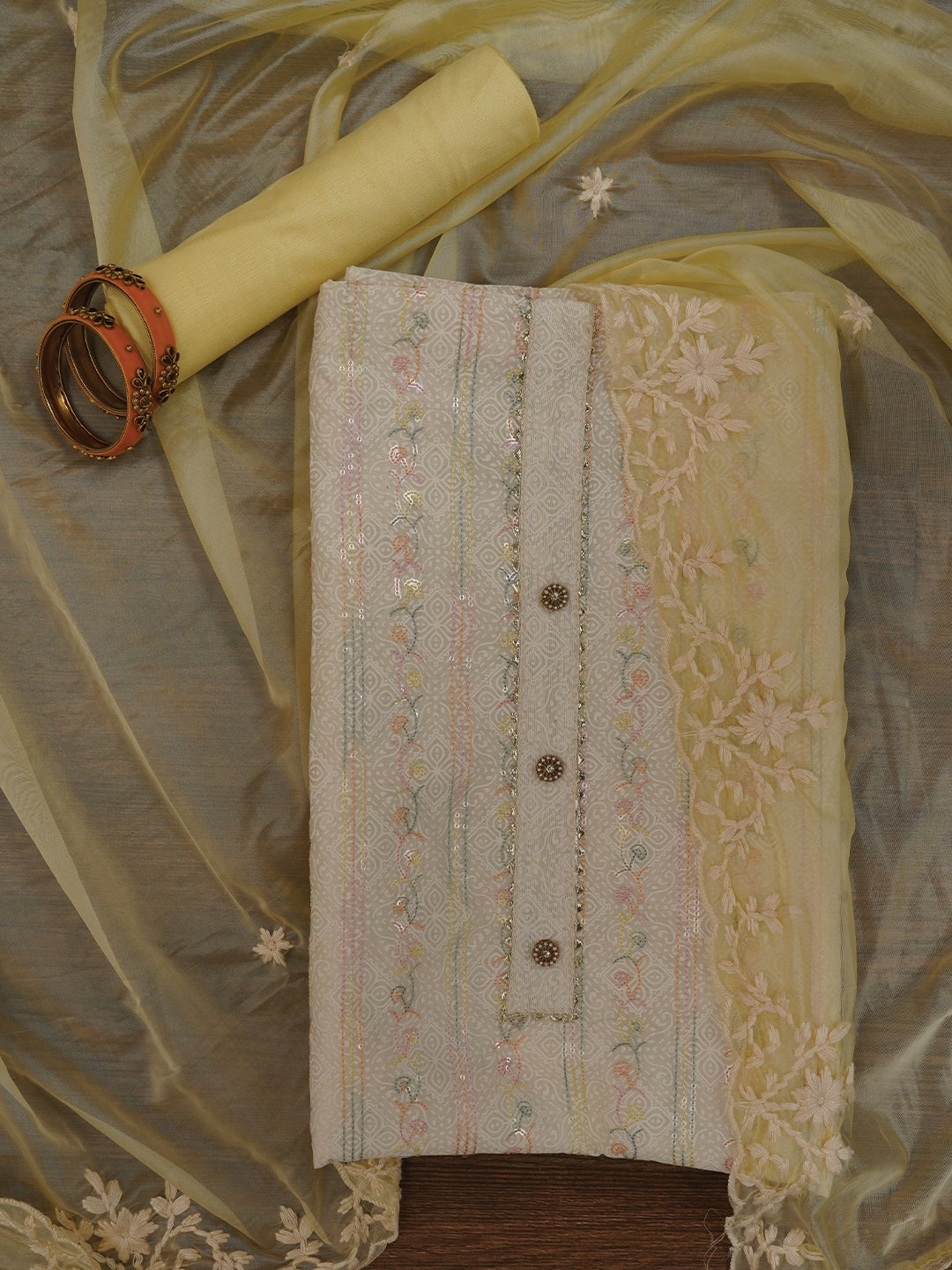 Sequin Embroidered Silk Blend Off White Dress Material with Dupatta