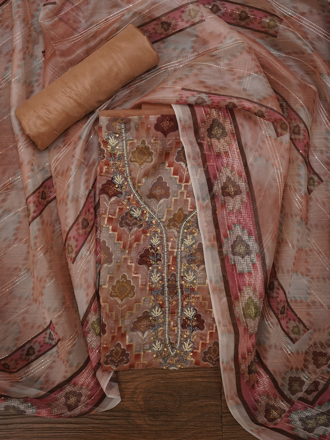 Rust Ethnic Sequin Embroidered Organza Dress Material with Dupatta