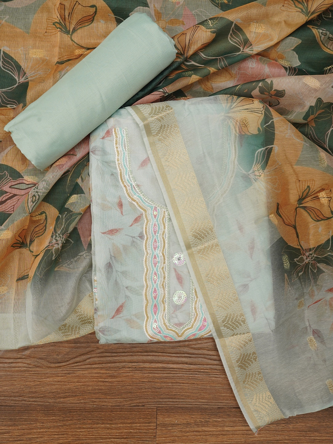 Sea Green Sequin Work Floral Printed Cotton Blend Dress Material with Dupatta