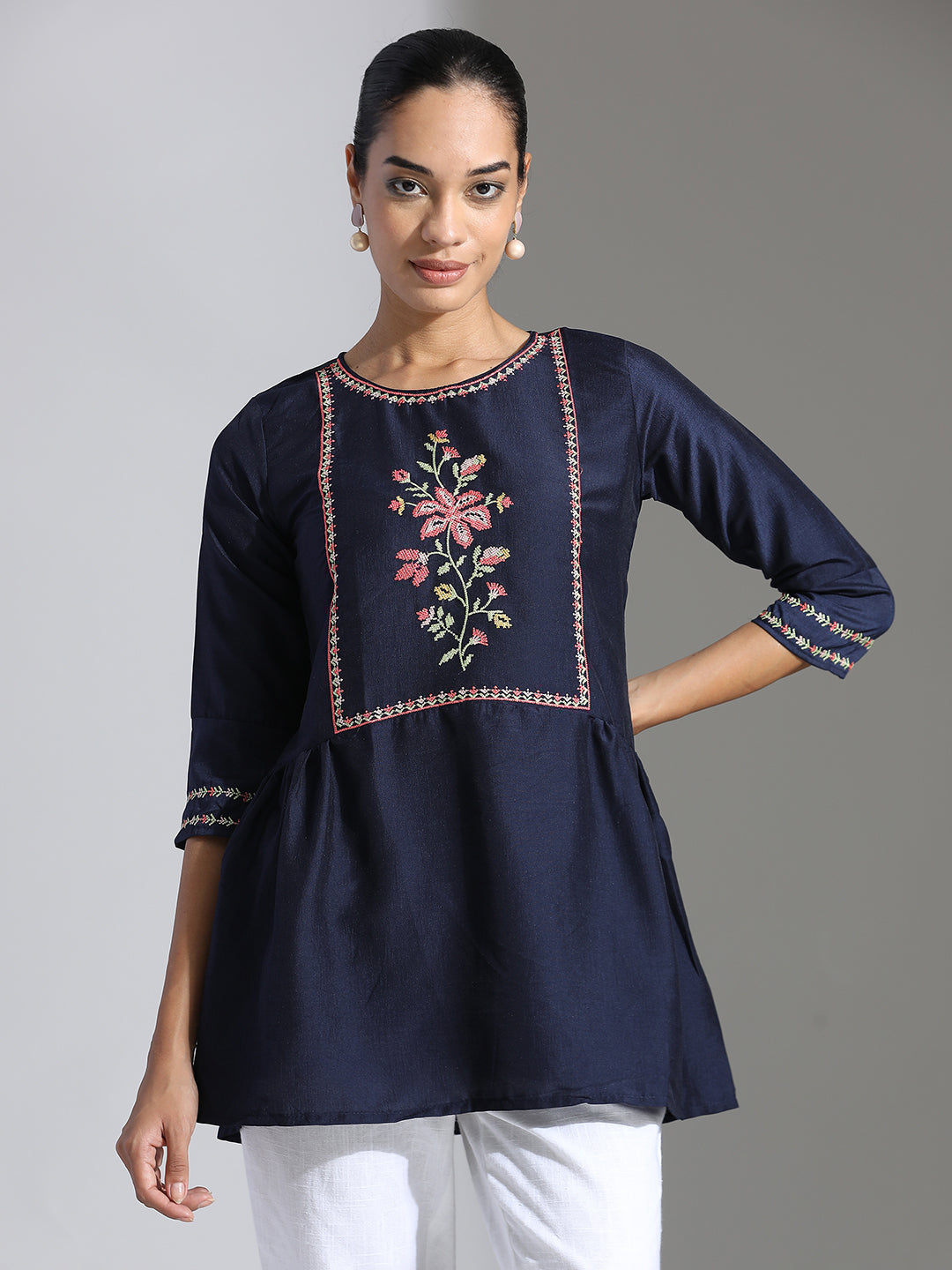 Navy Blue Embroidered Party Wear Peplum Top