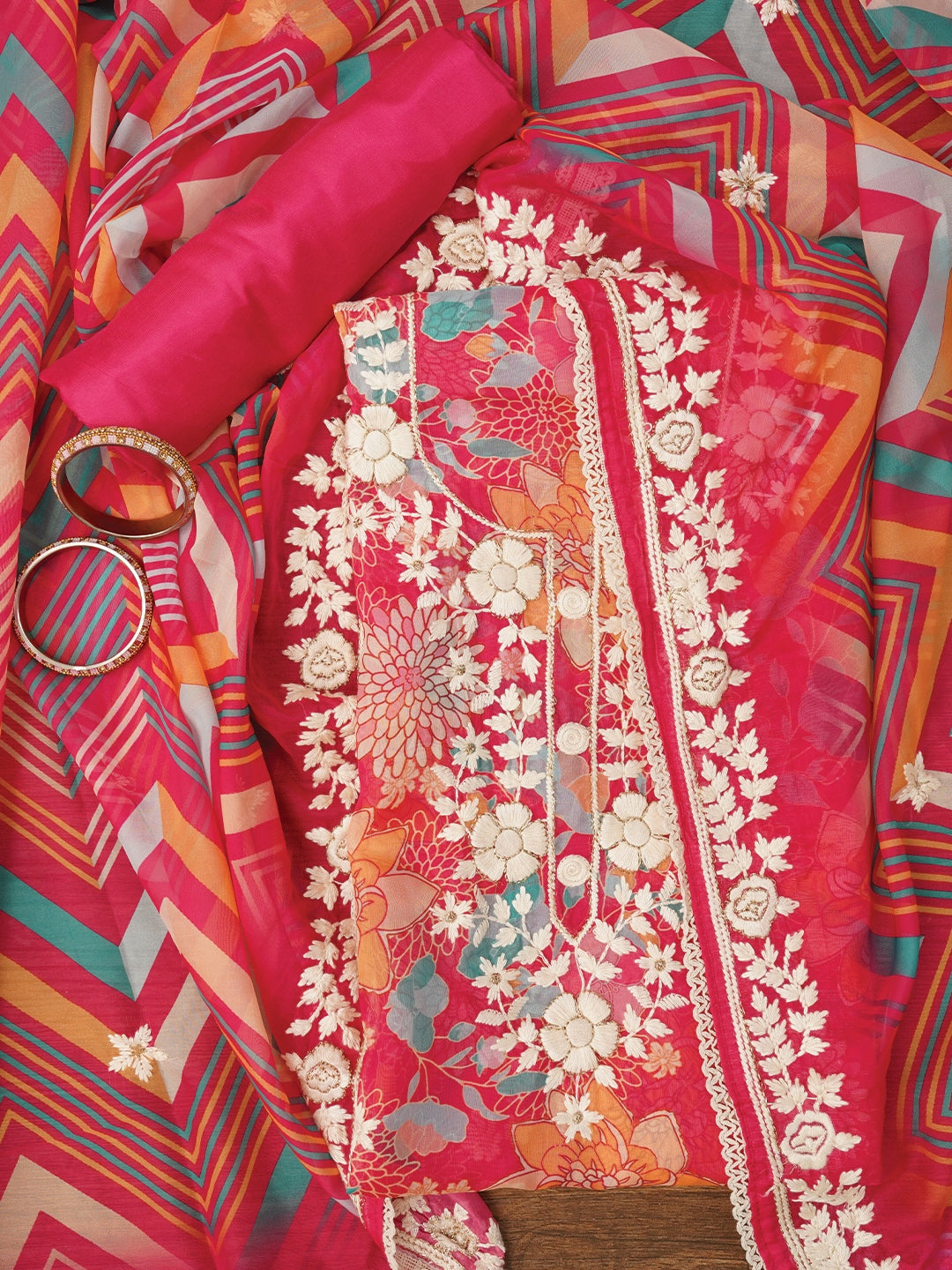 Pink Lucknowi Embroidered Organza Dress Material with Dupatta