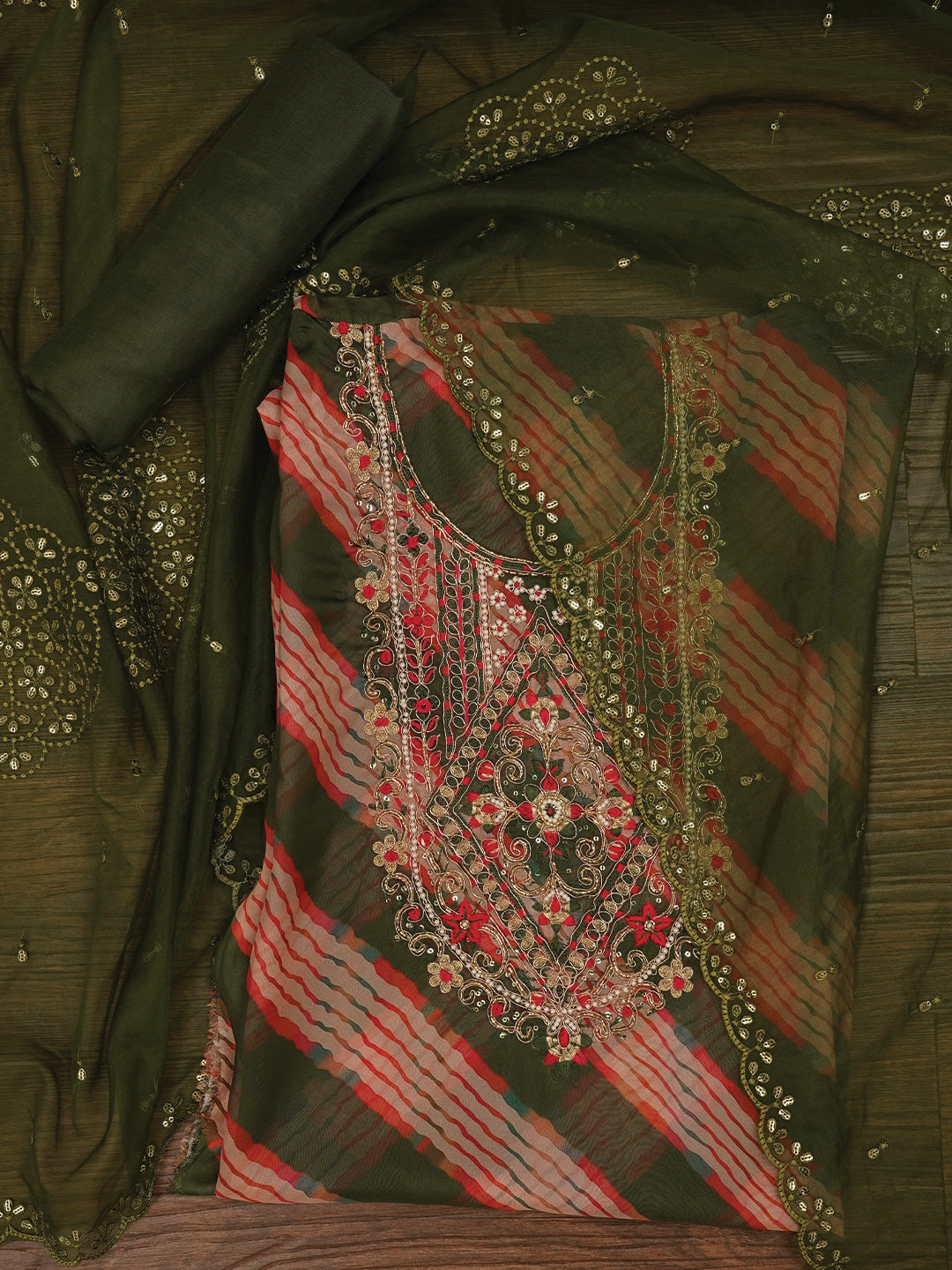 Mehandi Green Leheriya Embroidered Dress Material with Dupatta