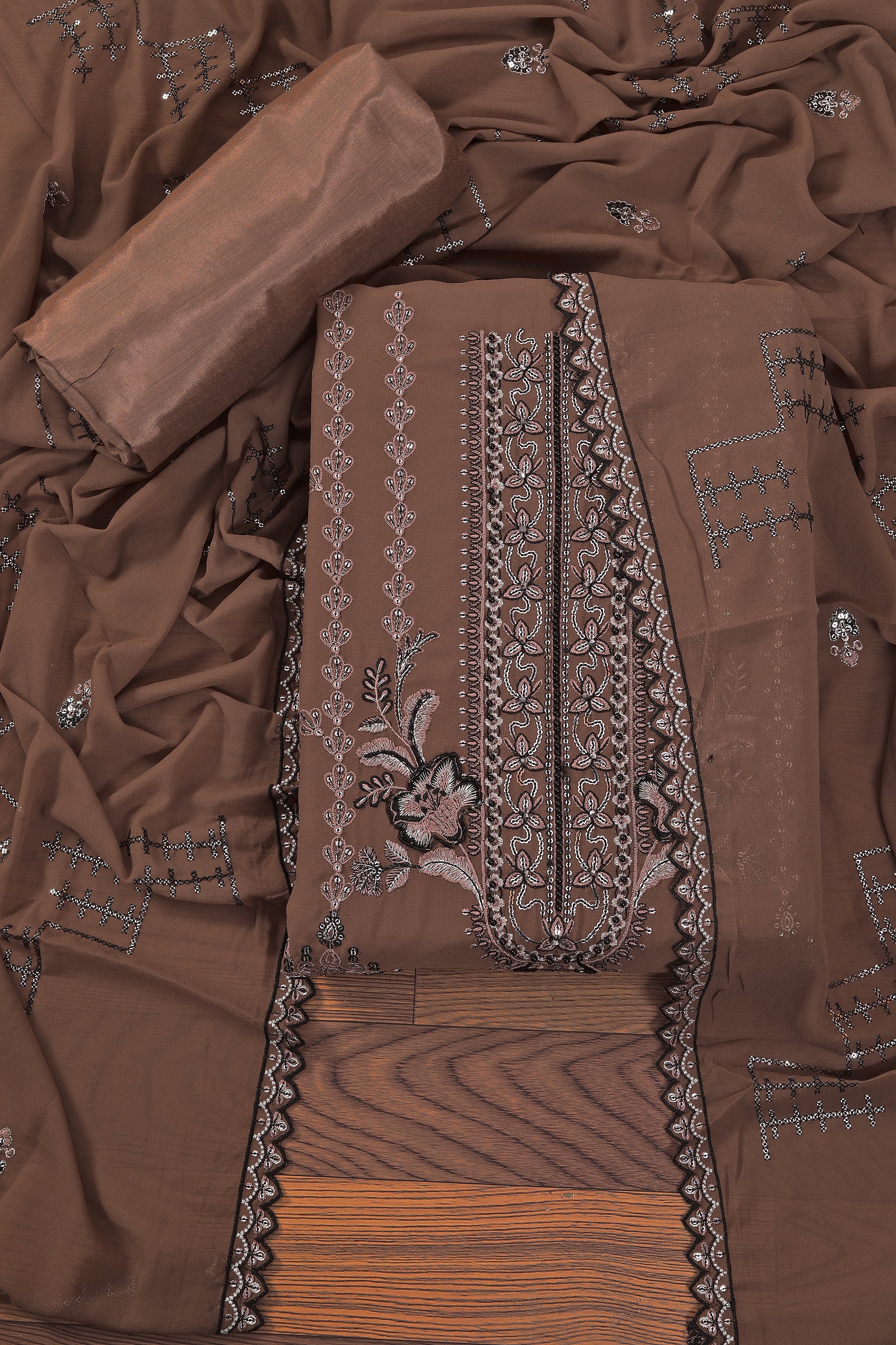 Brown Heavy Embroidered Poly Georgette Dress Material with Dupatta