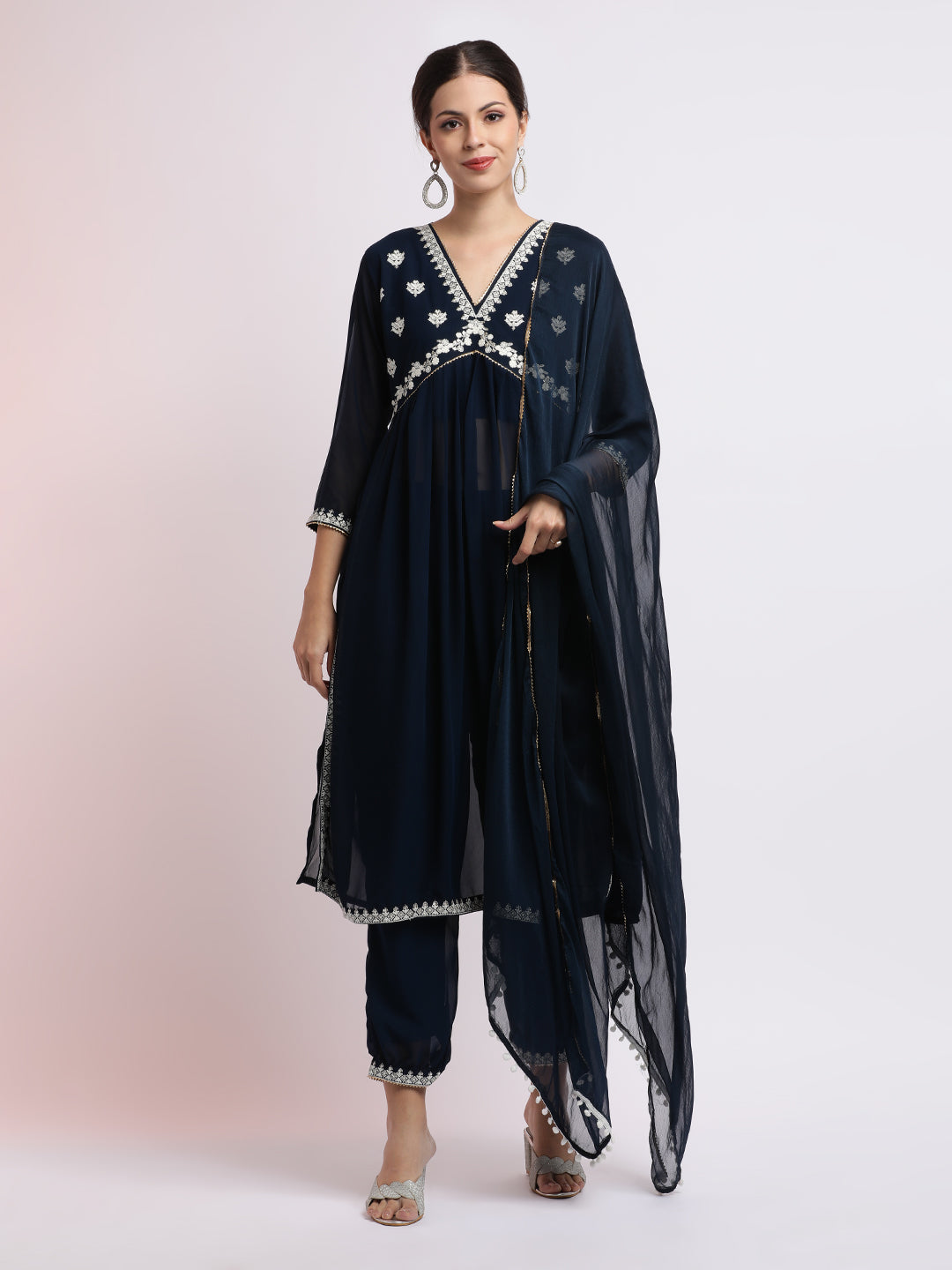 Navy Blue Embroidered Georgette Kurta Set With Dupatta