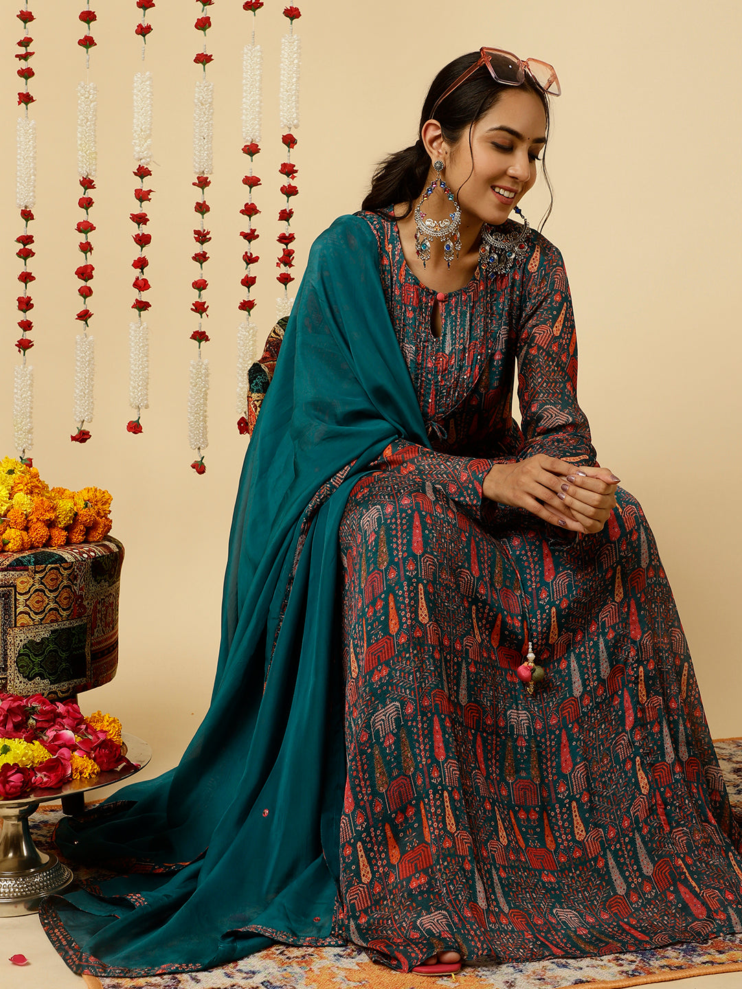 Teal Tribal Printed Flared Kurta With Dupatta