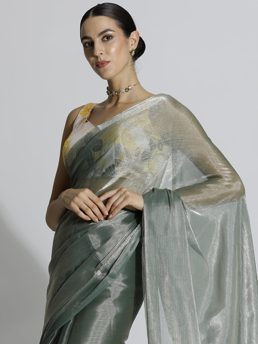 Olive Festive Tissue Solid Saree