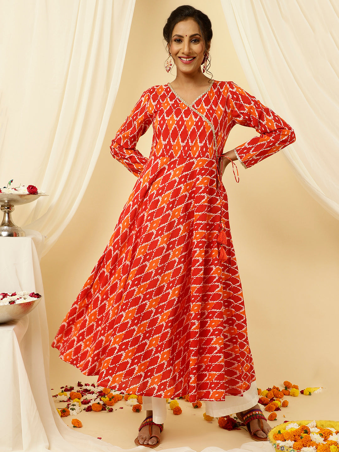 Red Ikat Printed Angrakha Kurta