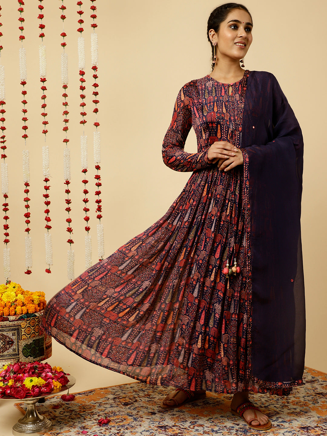 Purple Tribal Printed Flared Kurta With Dupatta