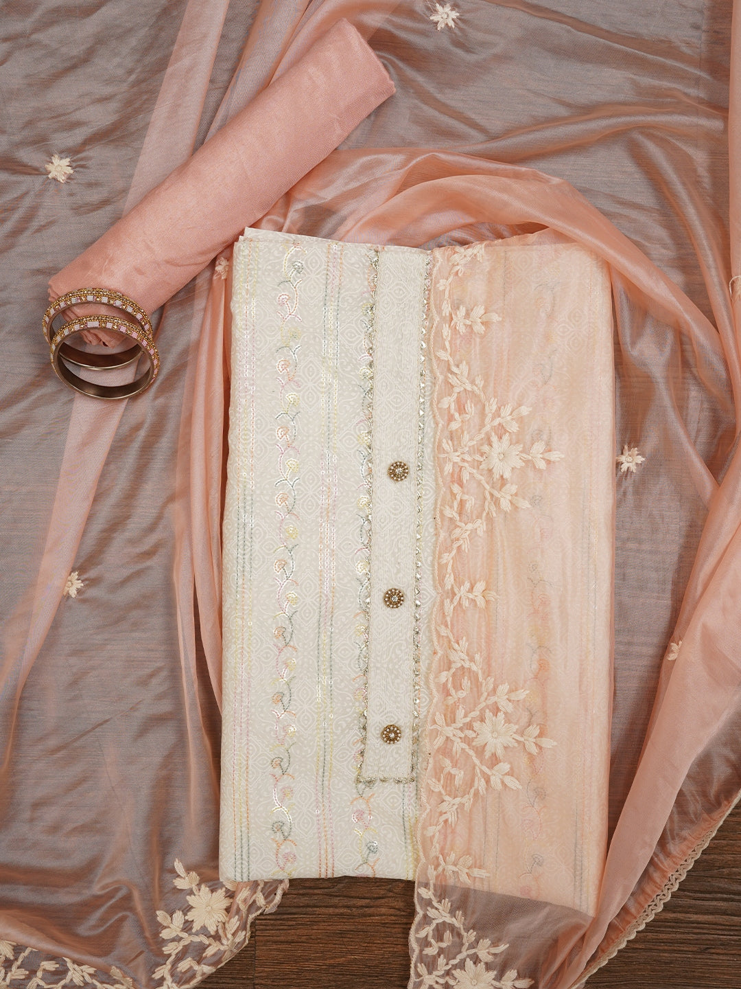 Sequin Off White Embroidered Silk Blend Dress Material with Dupatta