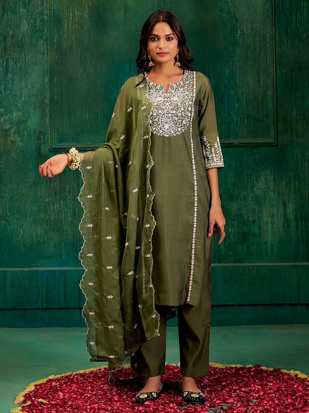 Dark Green Resham Embroidered Festive Kurta Set With Dupatta
