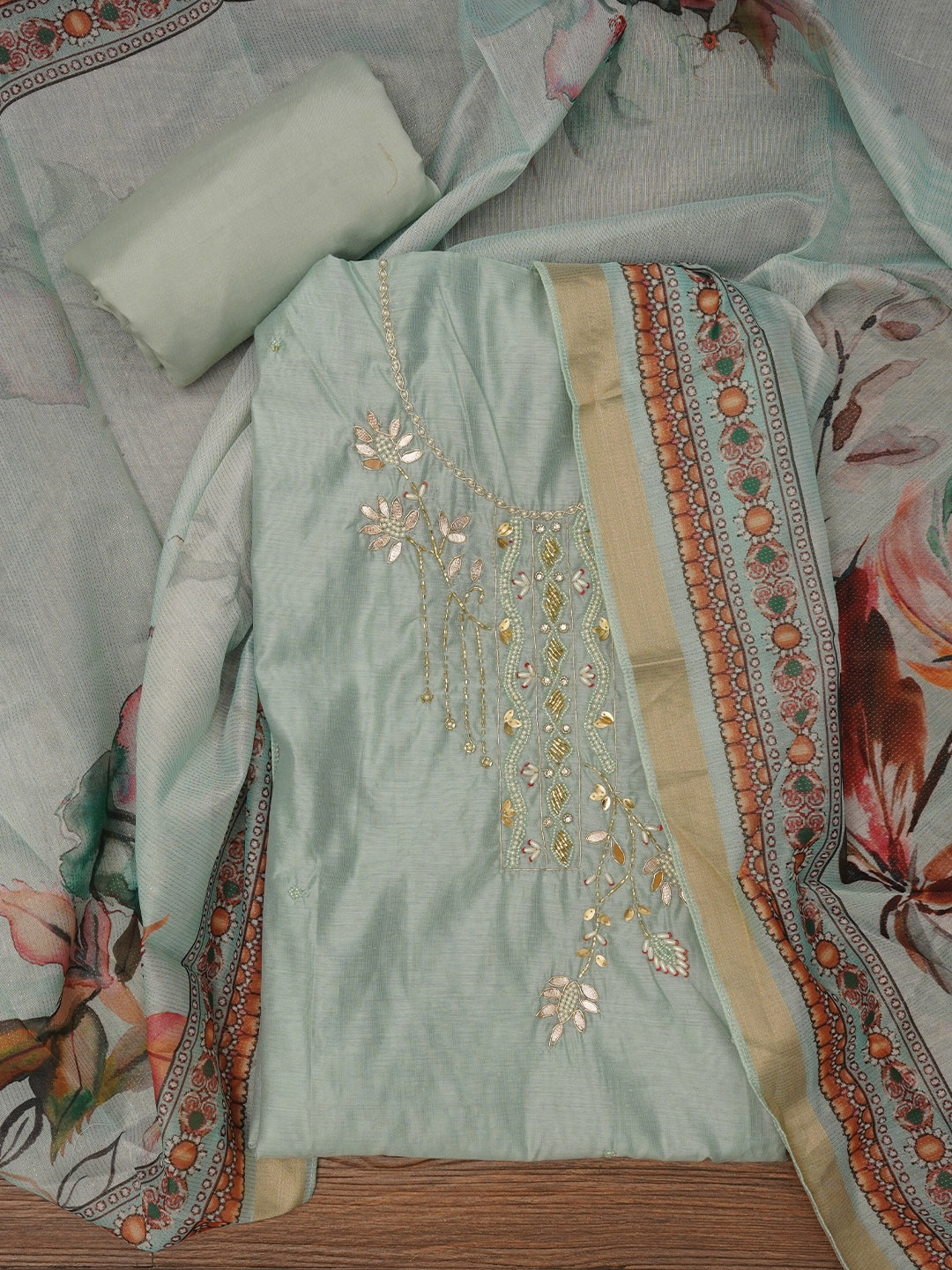 Sea Green Unstitched Zari Woven Design Cotton Dress Material with Dupatta