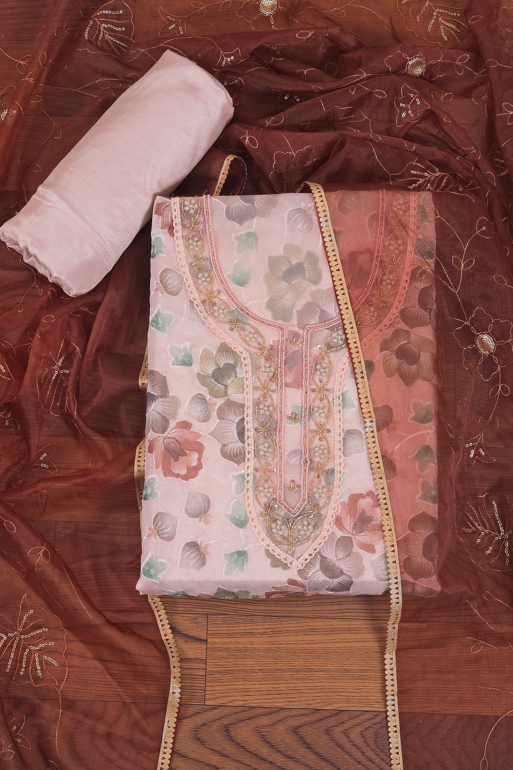 Brown Embellished Woven Design Organza Dress Material With Dupatta