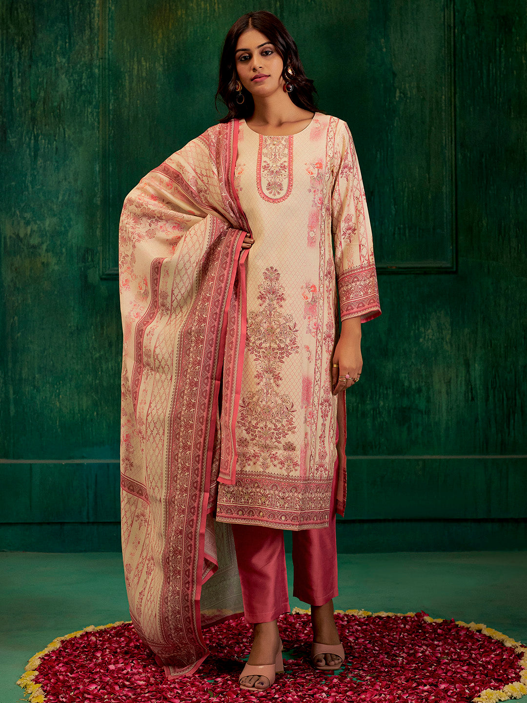 Pink Hand Embroidered Printed Kurta Set With Dupatta