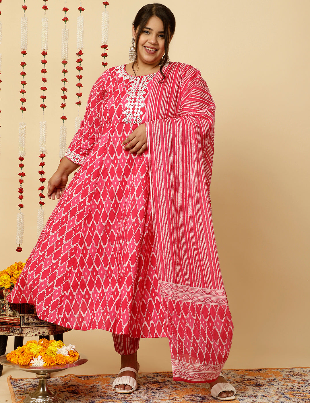 Plus Size Pink Mirror Embellished Ikat Printed Anarkali Kurta With Pants And Dupatta