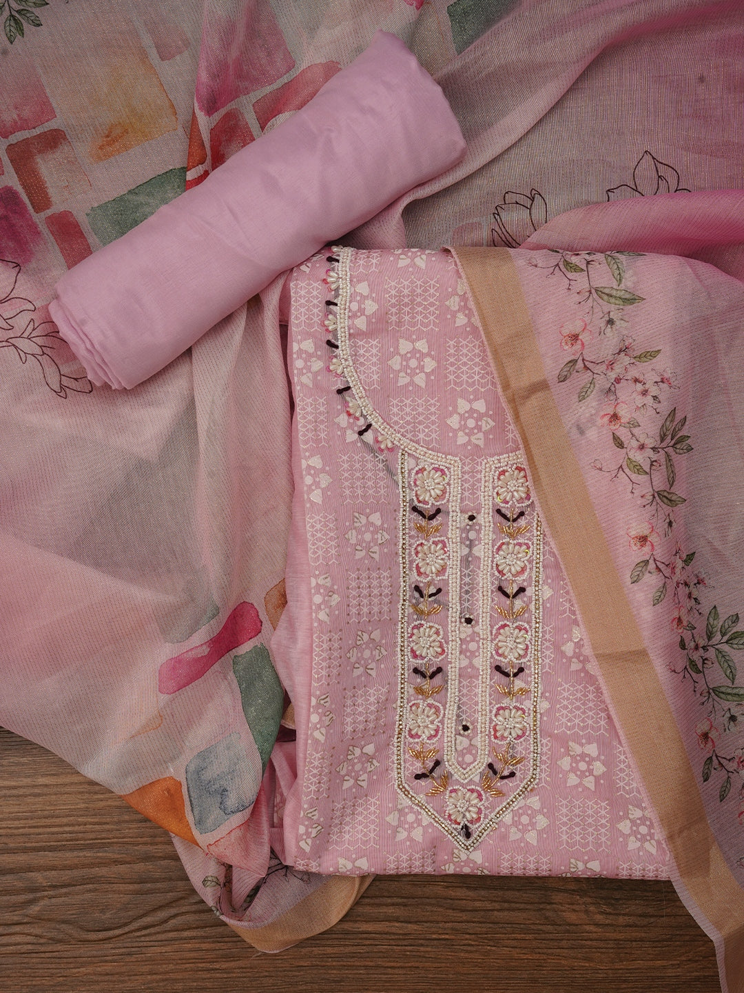 Pink Printed Embellished Cotton Dress Material with Dupatta