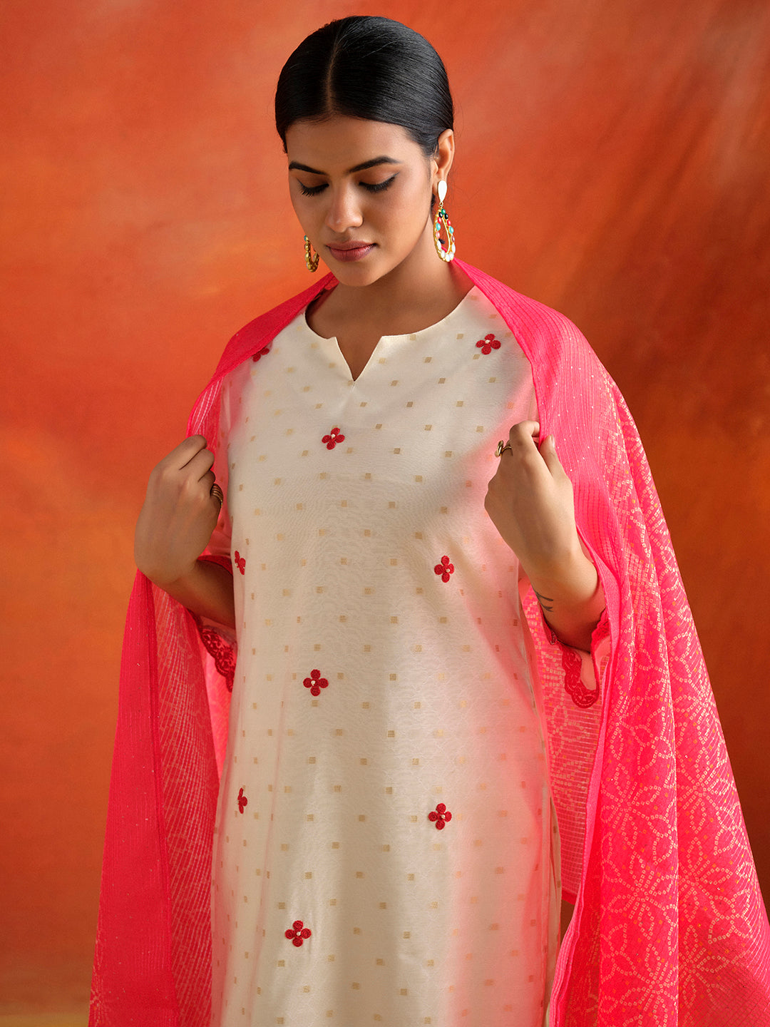White Chanderi Jacquard Festive Kurta Set With Dupatta