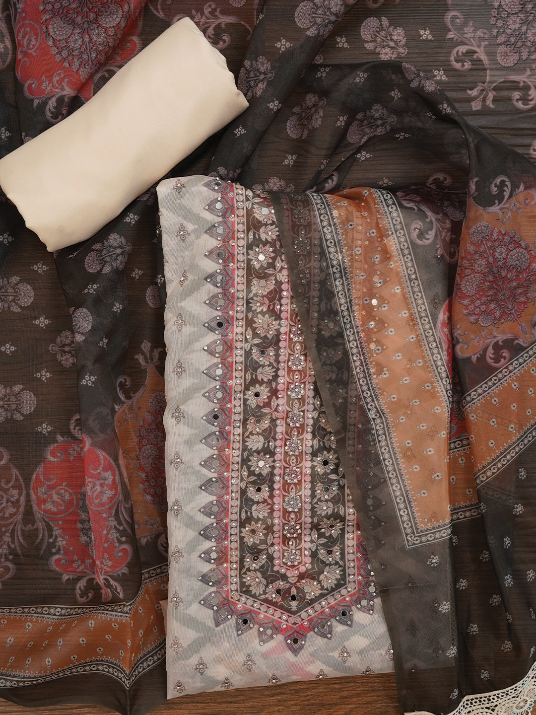 Multicolor Floral Printed Mulitcolor Organza Dress Material With Dupatta