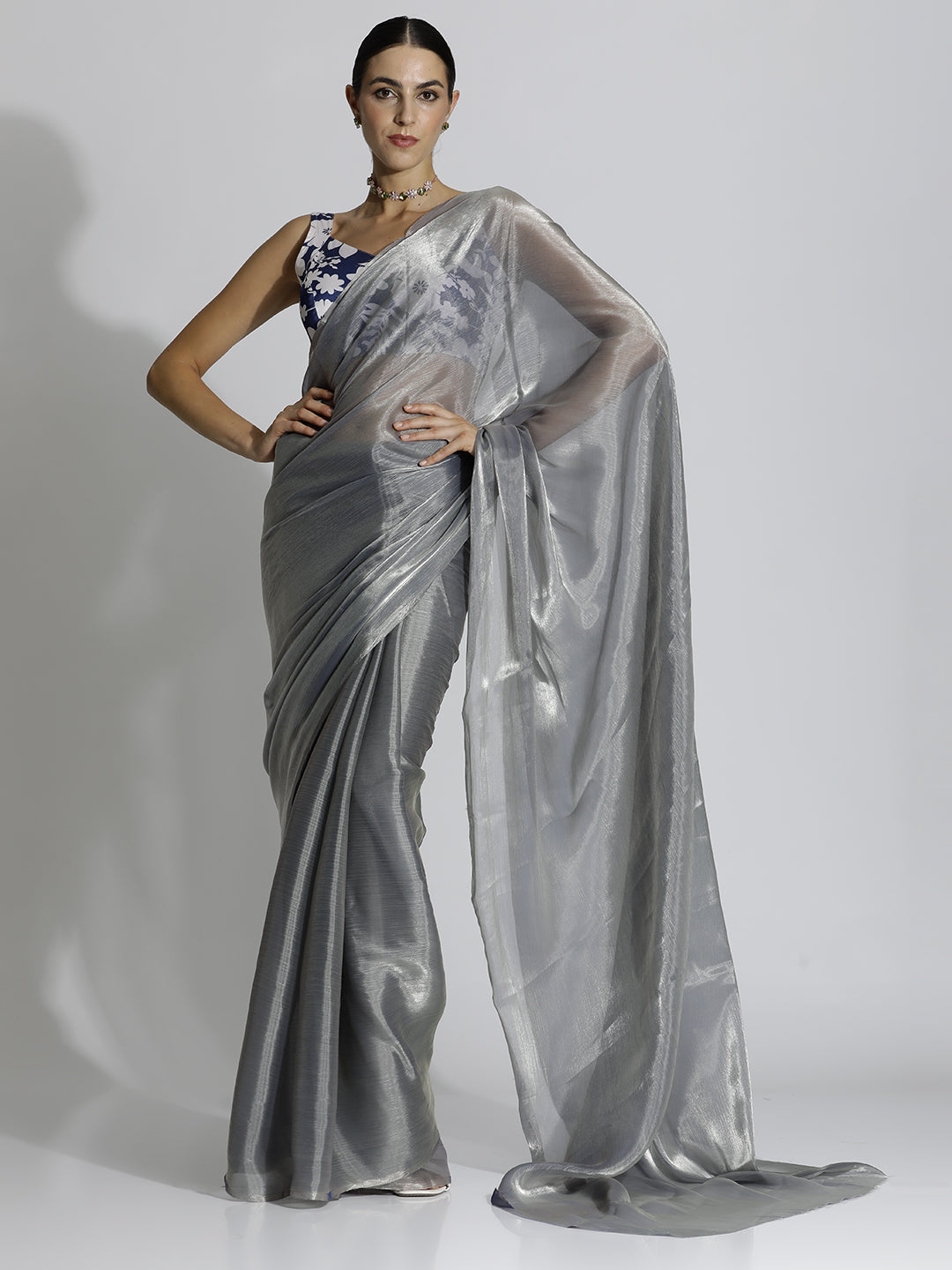 Grey Festive Tissue Solid Saree
