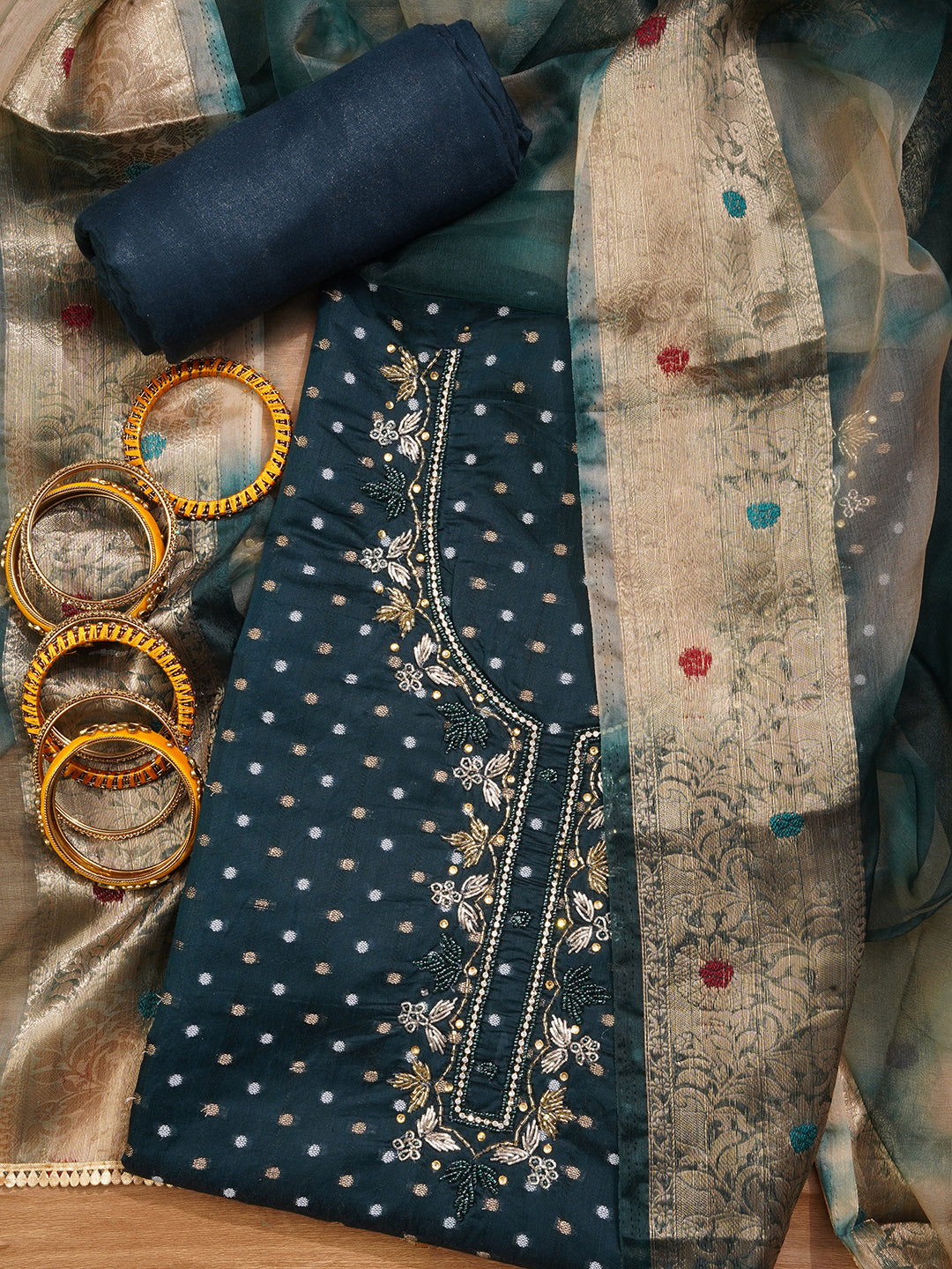 Unstitched Green Silk Blend Embellished Dress Material With Dupatta