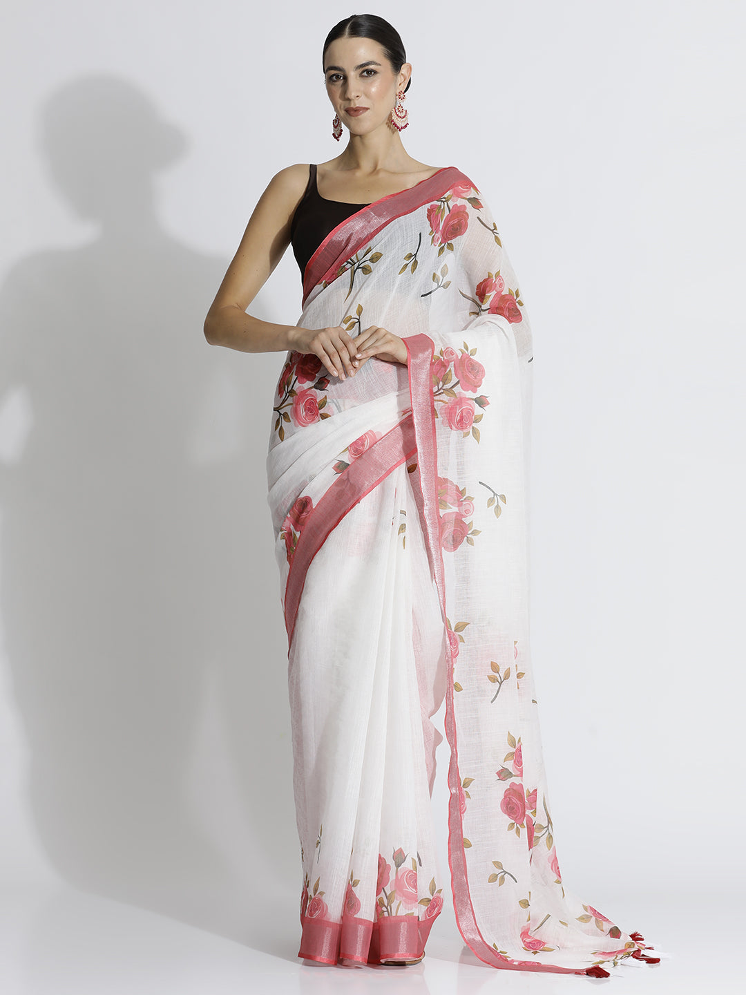 White Floral Printed Daily Wear Pure Linen Saree