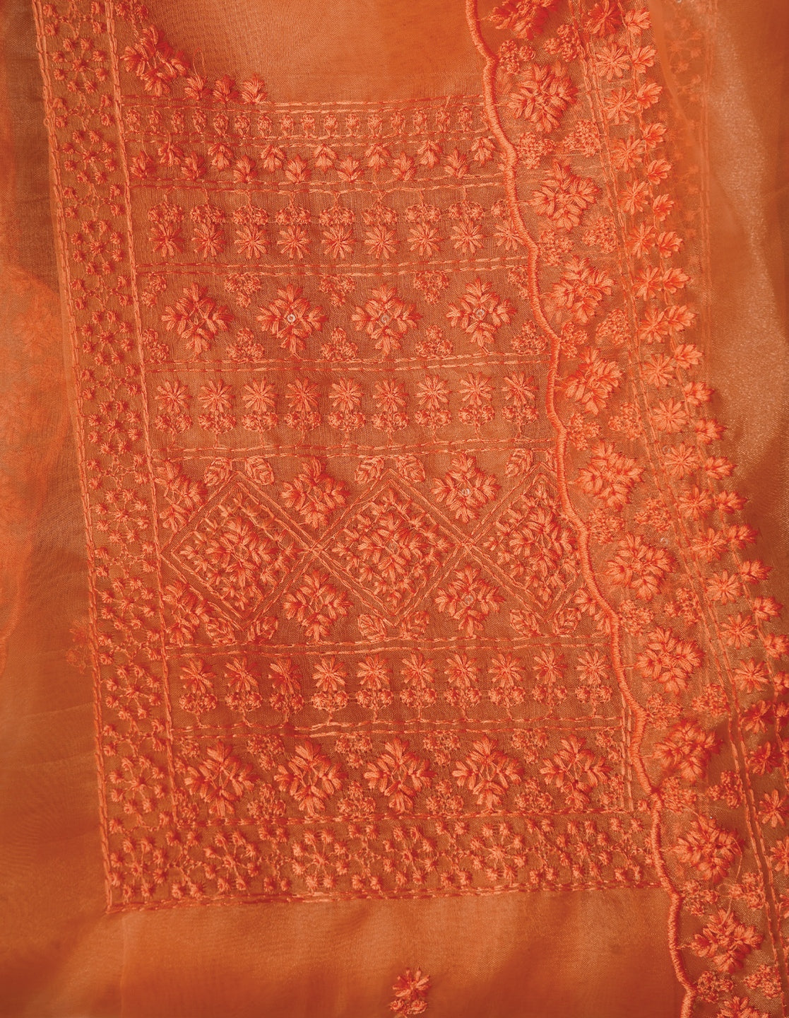 Orange Unstitched Embroidered Organza Festive Dress Material With Dupatta