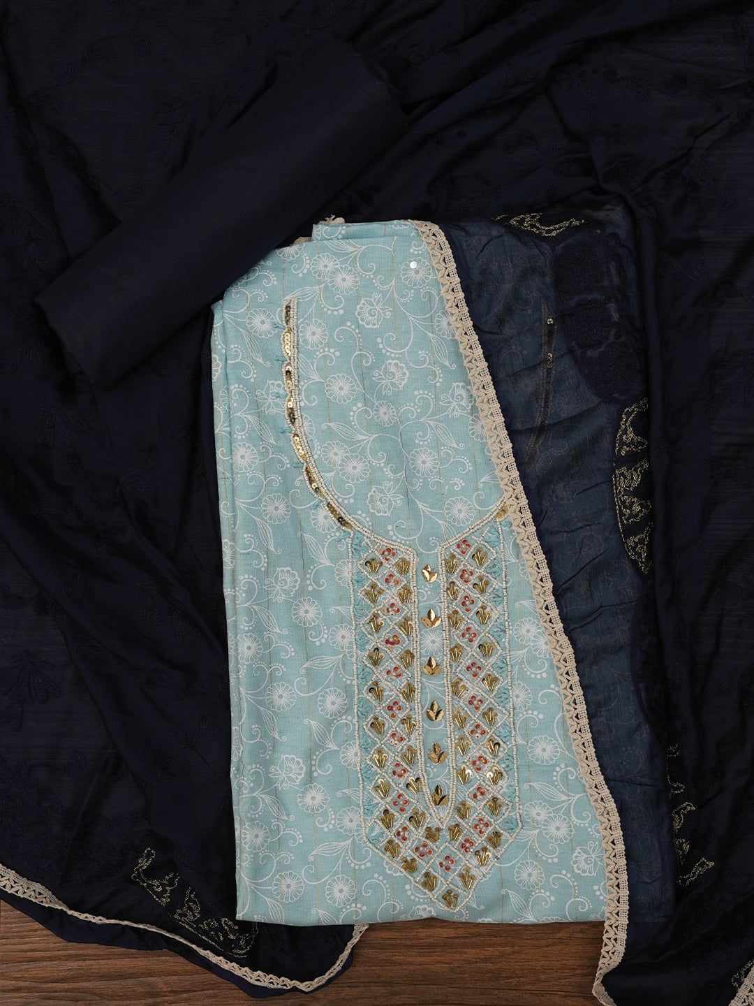 Sky Blue Zari Embroidered Cotton Dress Material with Dupatta