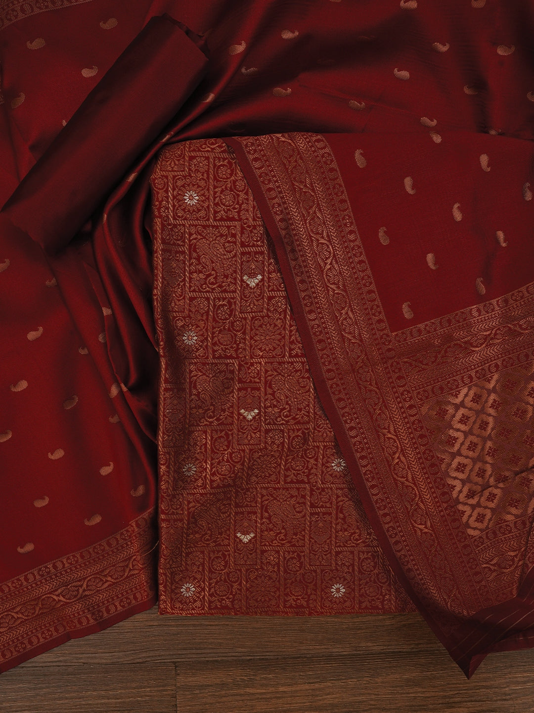 Red Red Silk Zari Woven Dress Material with Dupatta