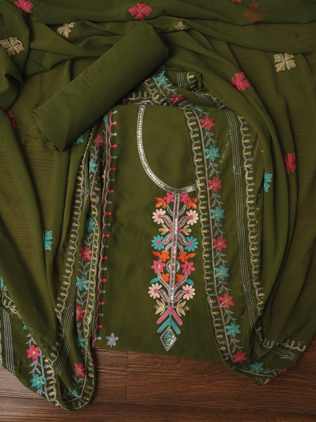 Mehandi Sequin Embroidered Silk Georgette Dress Material with Dupatta