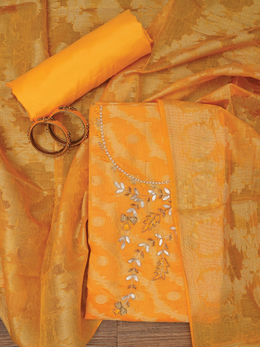 Mustard Zari Woven Silk Blend Dress Material with Dupatta