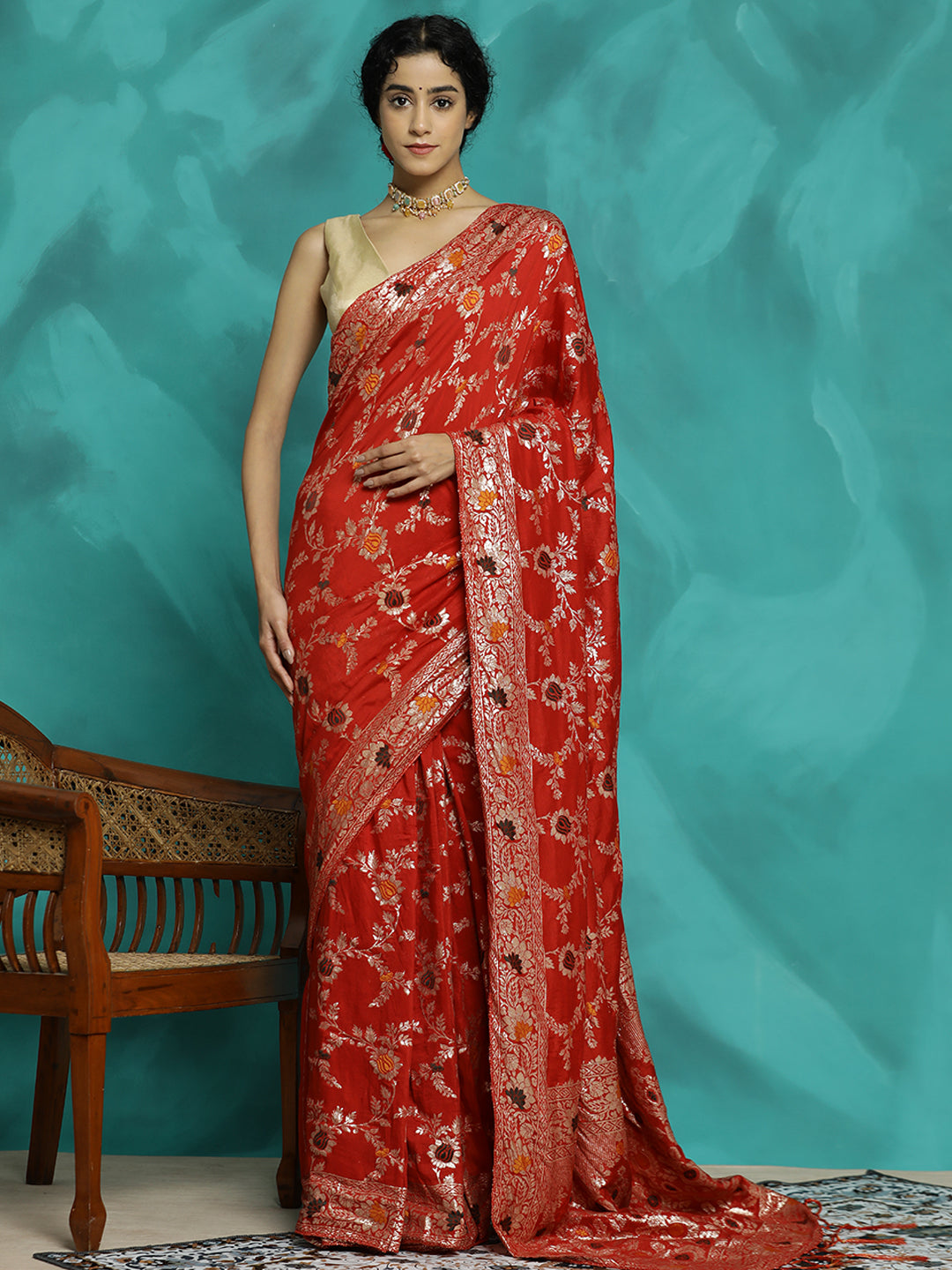 Floral Zari Woven Heavy Red Banarasi Saree