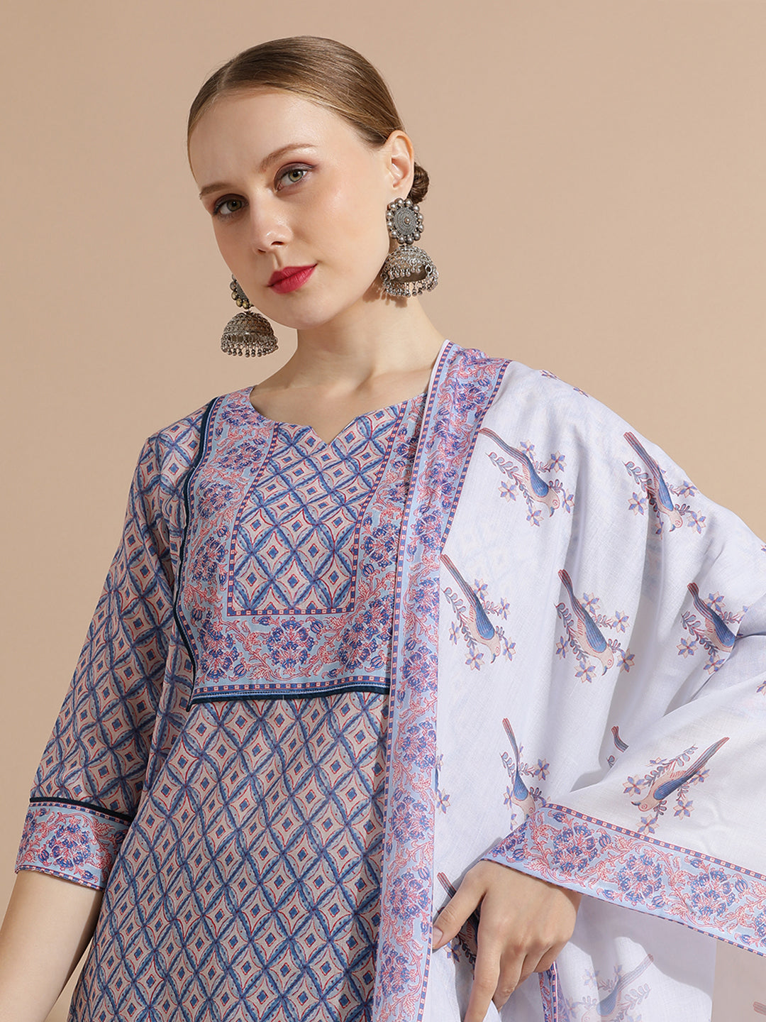 Sky Blue Block Printed Cotton Kurta Set With Dupatta