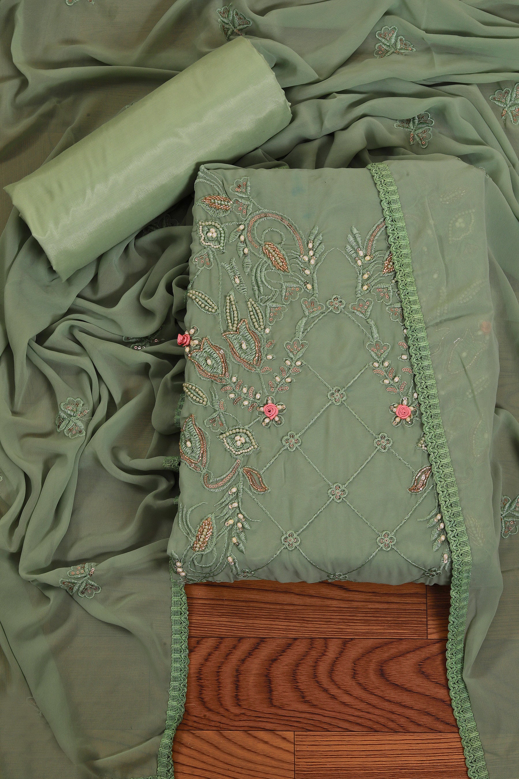 Sea Green Embroidered Poly Georgette Dress Material with Dupatta