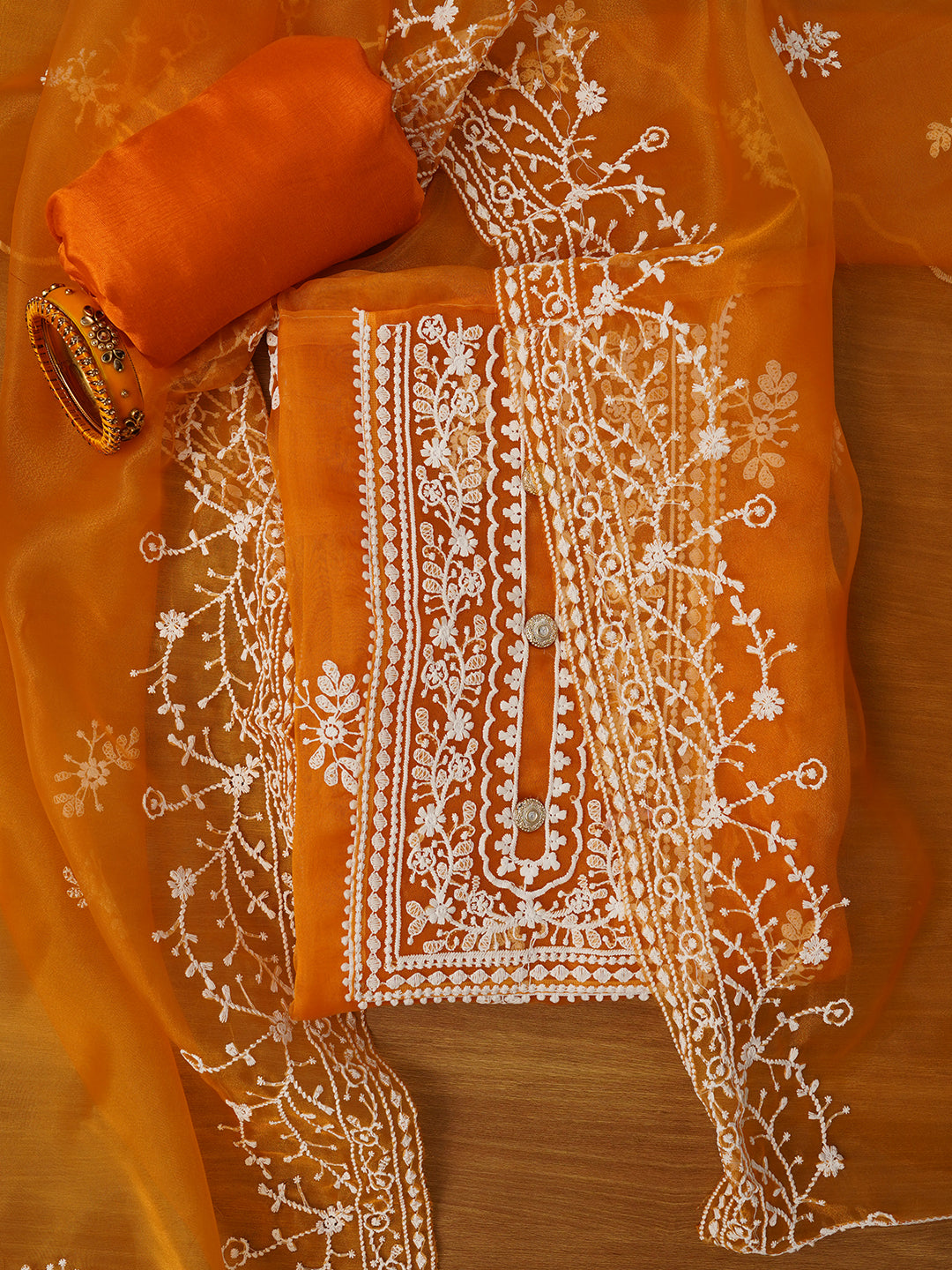 Orange Unstitched Embroidered Organza Dress Material With Dupatta