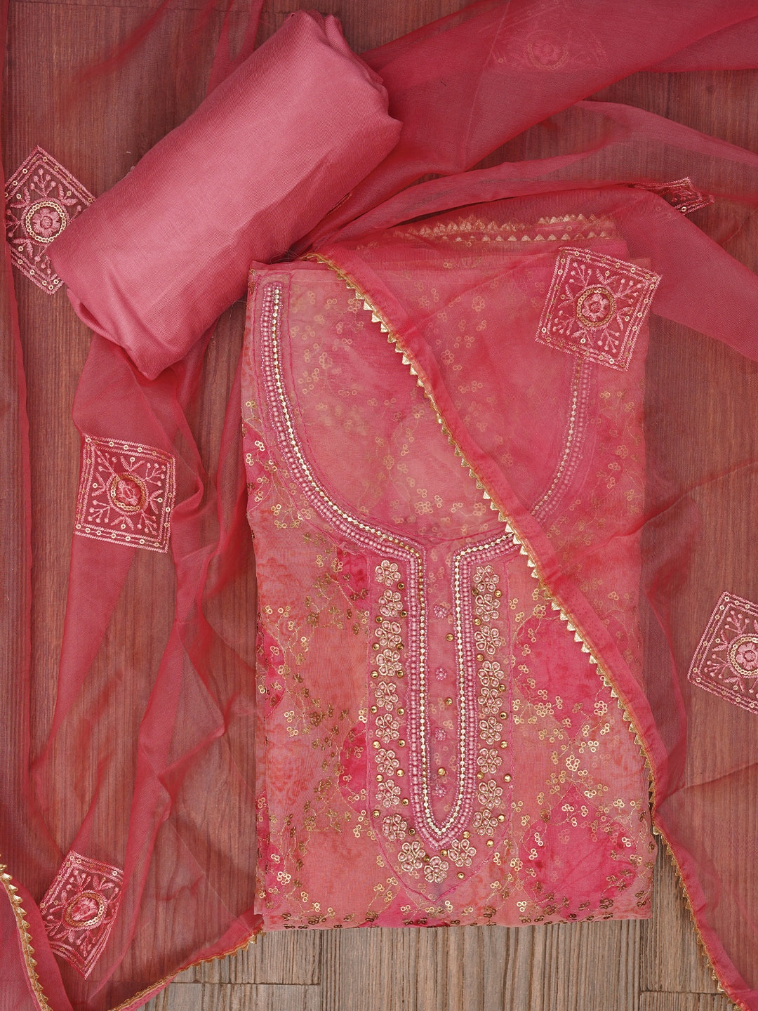 Sequin Multicolor Embellished Organza Dress Material with Dupatta