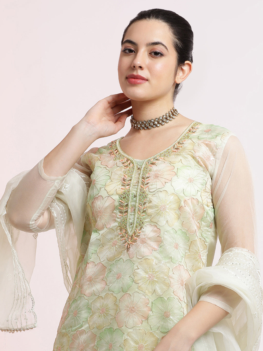 Pista Green Floral Embellished Organza Festive Kurta Set With Dupatta