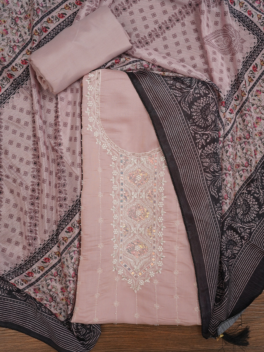 Peach Embellished Pure Silk Dress Material with Dupatta