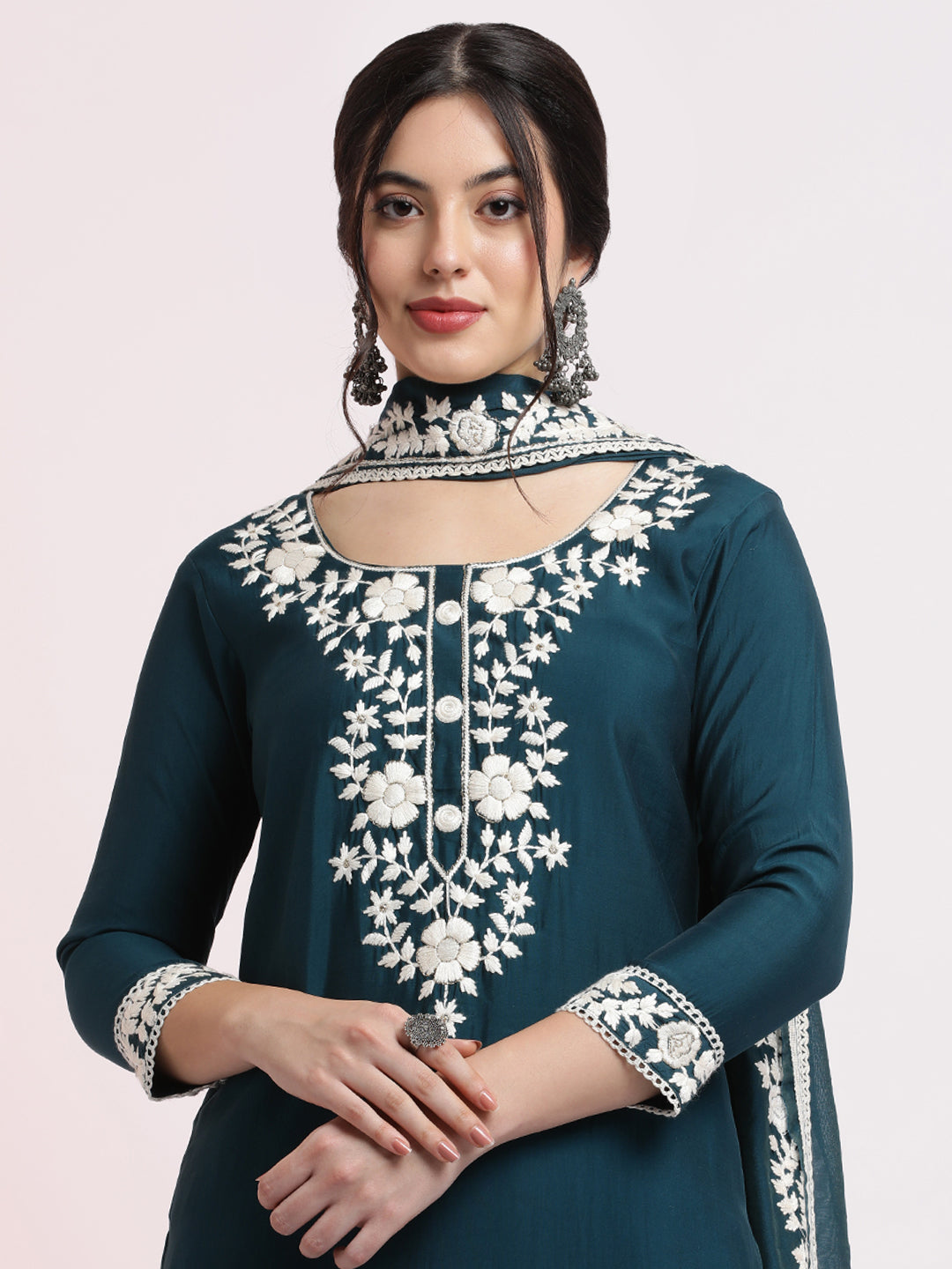 Teal Floral Embroidered Festive Kurta Set With Dupatta