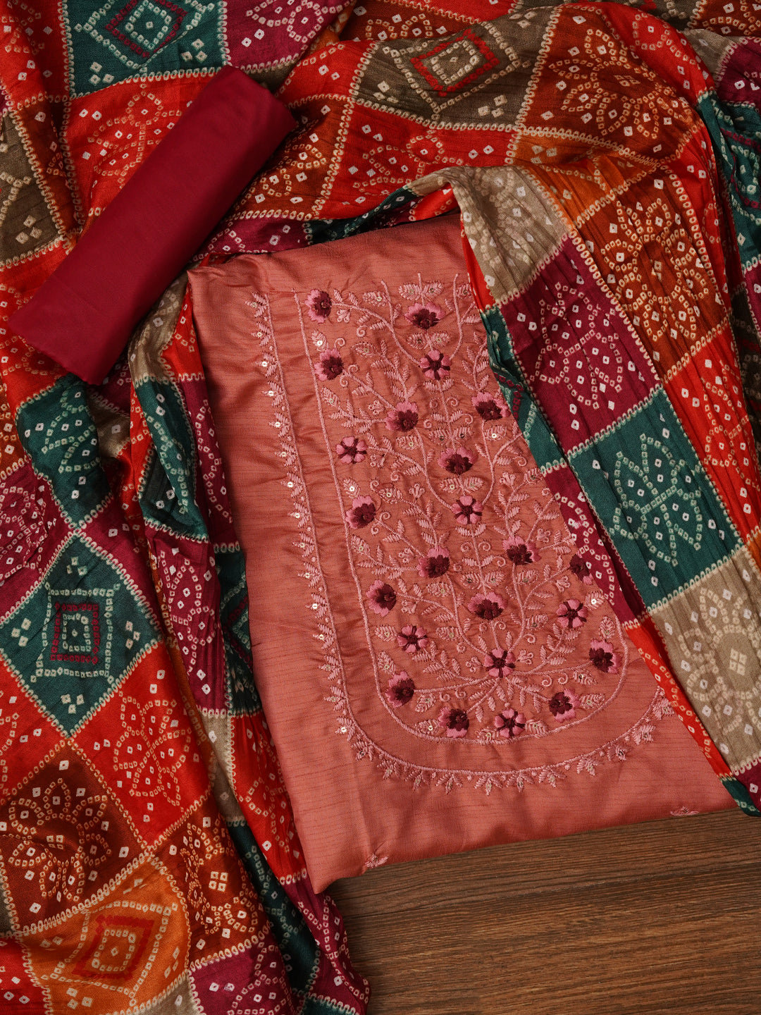 Peach Unstitched Printed Pure Cotton Dress Material With Dupatta