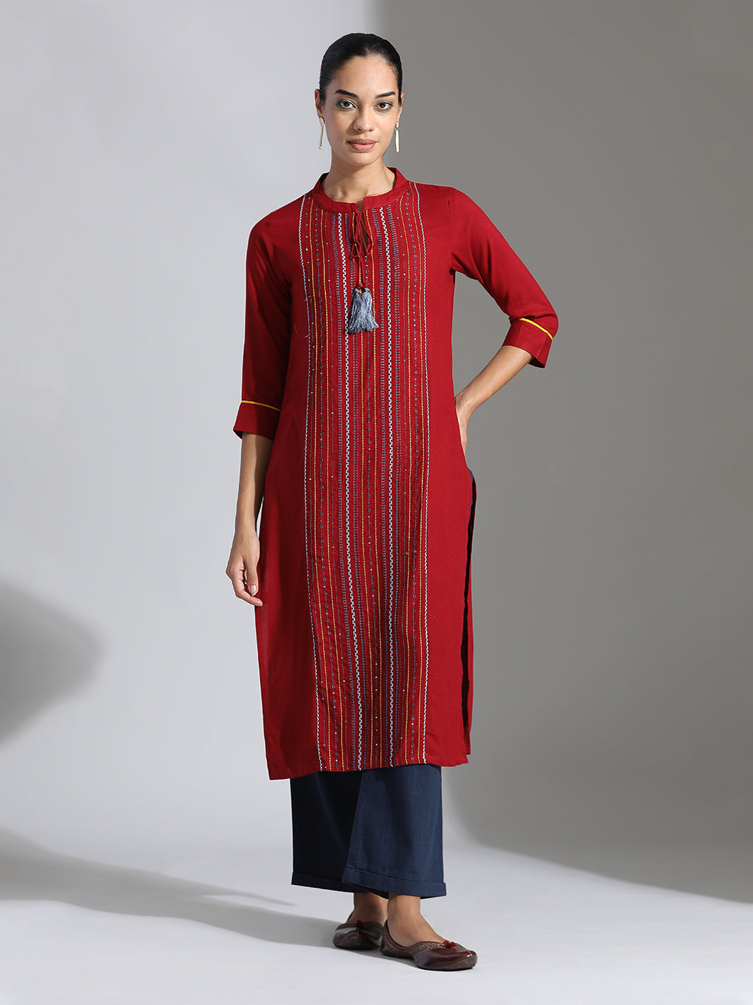 Maroon Embroidered Rayon Straight Kurta
