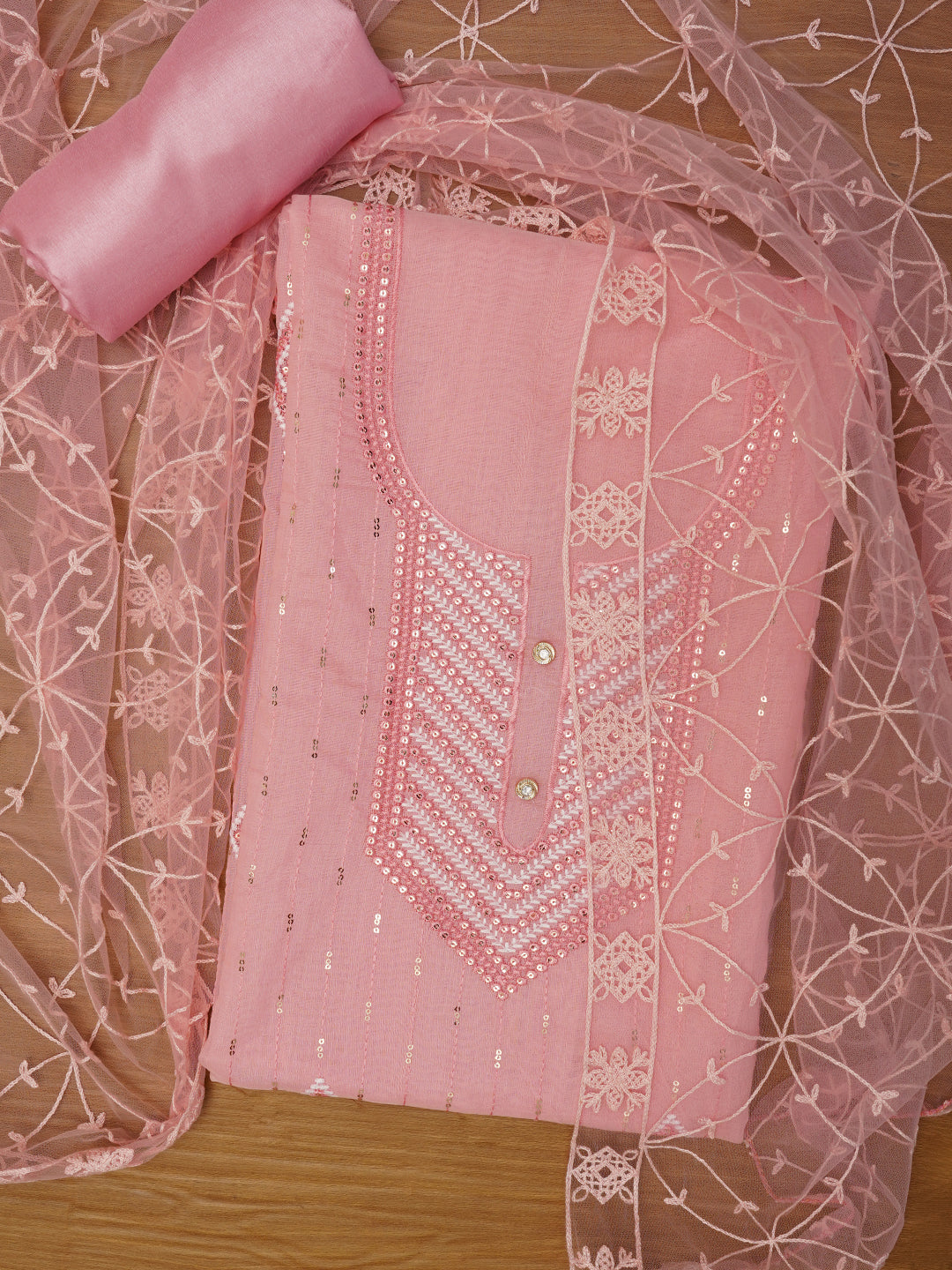Pink Unstitched Embroidered Cotton Blend Dress Material With Dupatta
