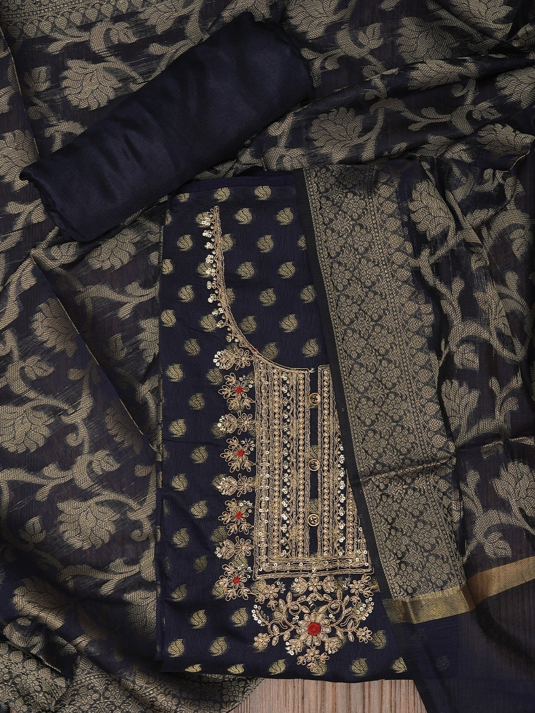 Navy Blue Zari Silk Blend Embellished Dress Material with Dupatta