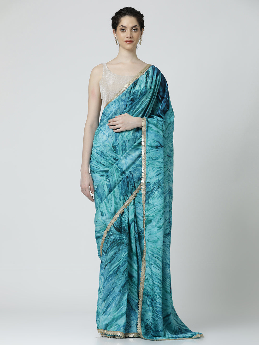 Aqua Blue Embellished Satin Tie-Dye Saree