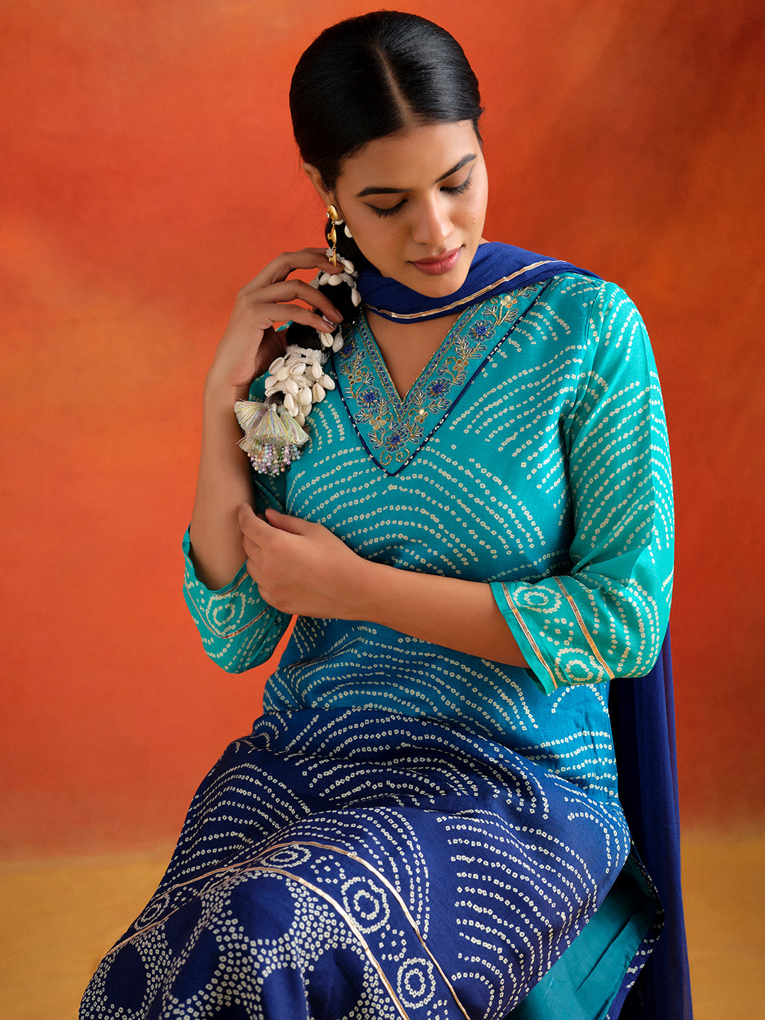 Royal Blue Bandhani Printed Festive Kurta Set With Dupatta