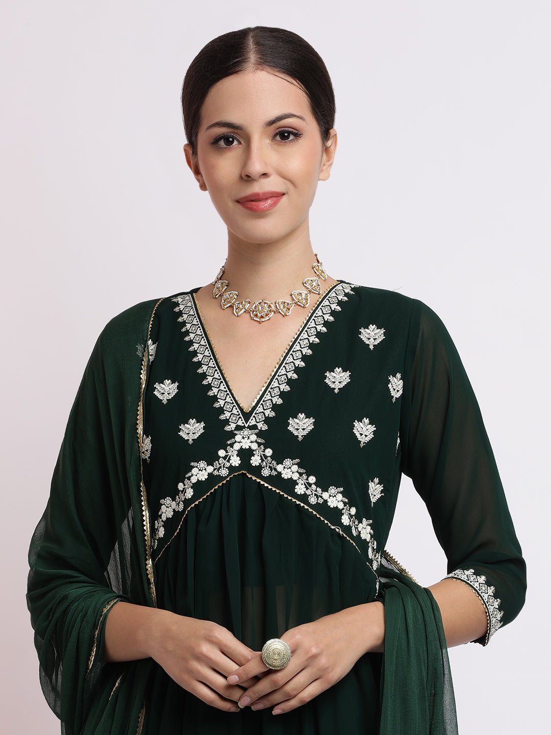 Green Embroidered Georgette Kurta Set With Dupatta