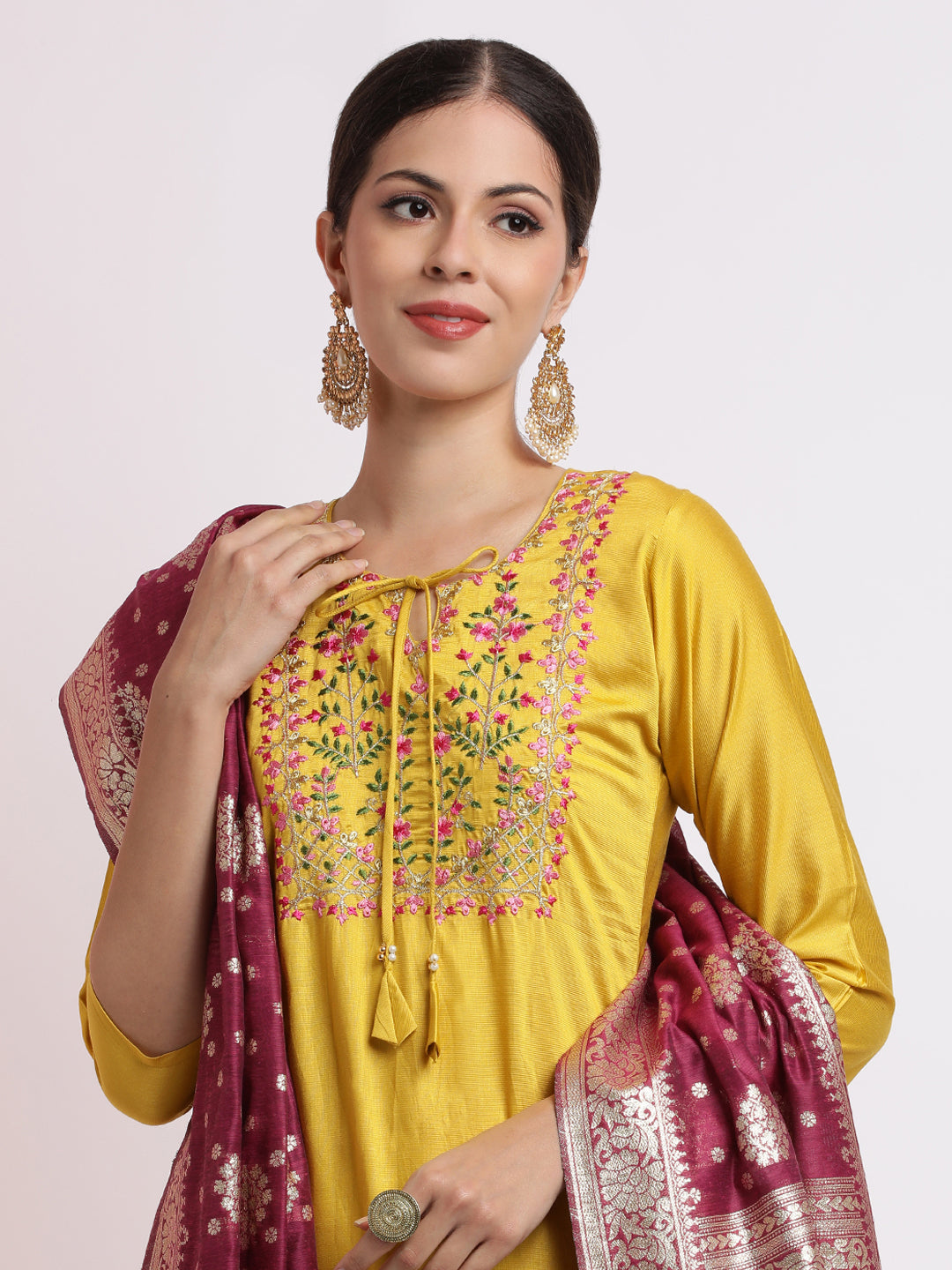Yellow Art Silk Embroidered Kurta Set With Dupatta